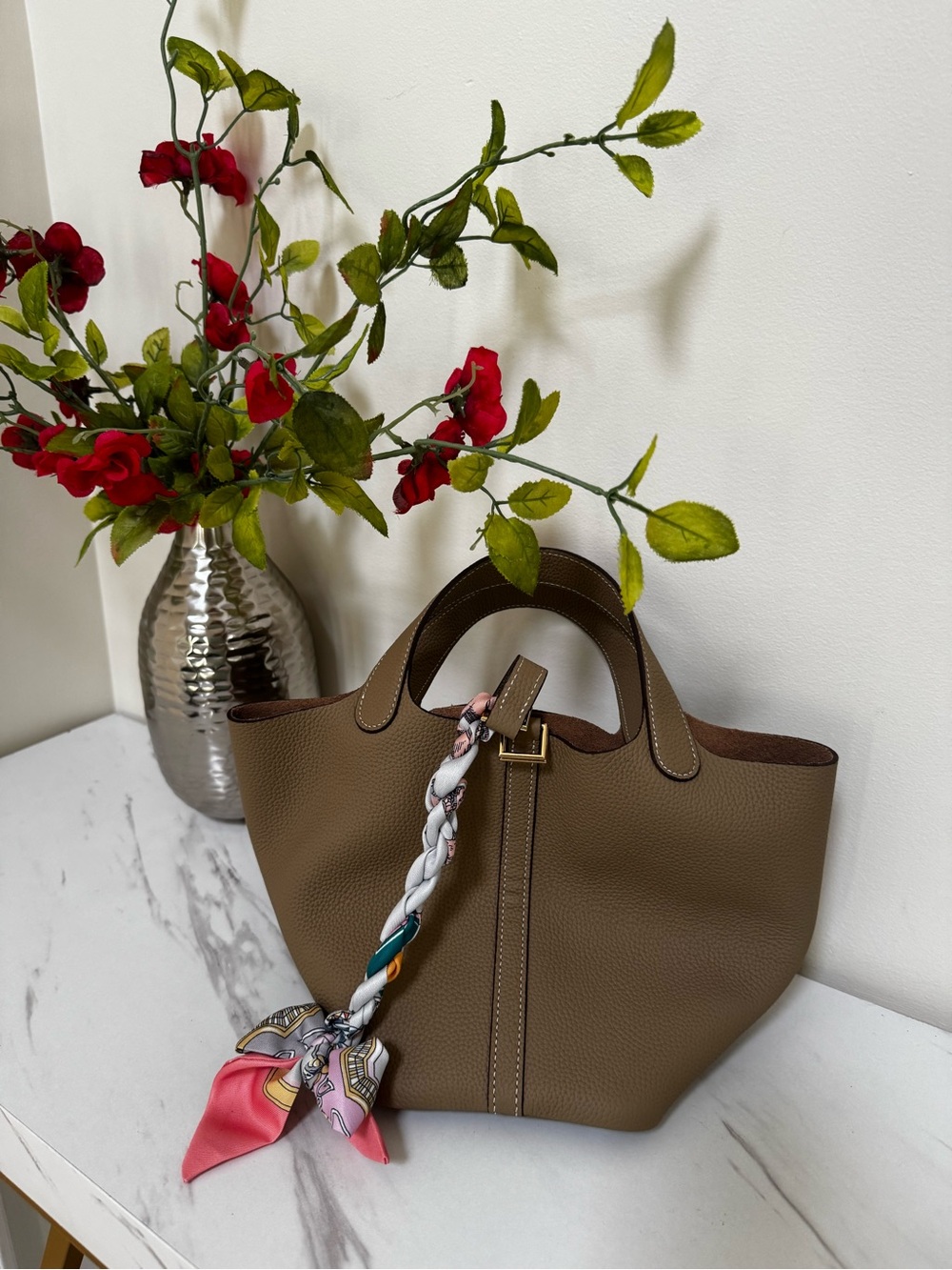 Miu Miu Taupe Pebbled Leather Tote with Braided Scarf Accent